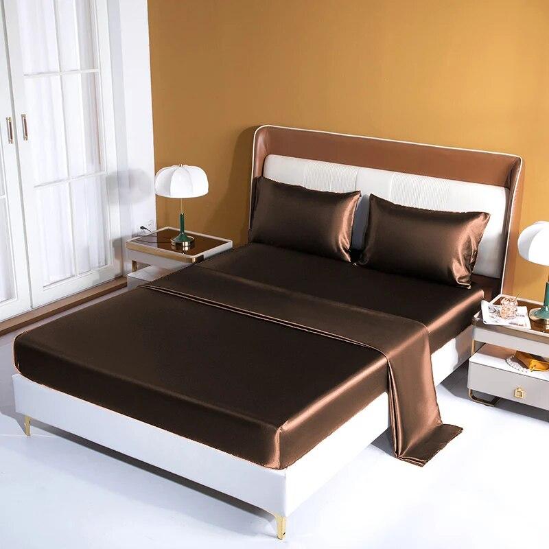 Luxury Satin Bed Sheet Set Rayon Fitted Sheet Height 35cm 21 Colors Optional  Flat Sheet Set Soild Color Bedding Set