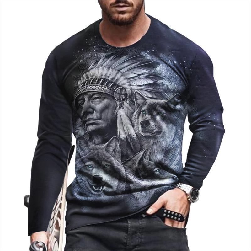 Spring and Autumn Round Neck 3D Native American Pattern Printed Top Fashionable Casual Long Sleeved Men's T-shirts