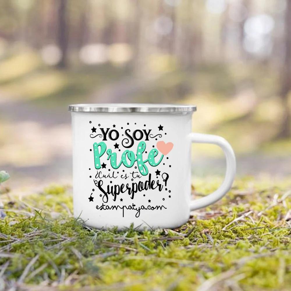 Spanische Print Tasse Kaffee Tee Tassen Getränke Wasserbecher Lehrerleben Emaille Tassen Schule Zuhause Griff Trinkgeschirr Beste Geschenke für Lehrer