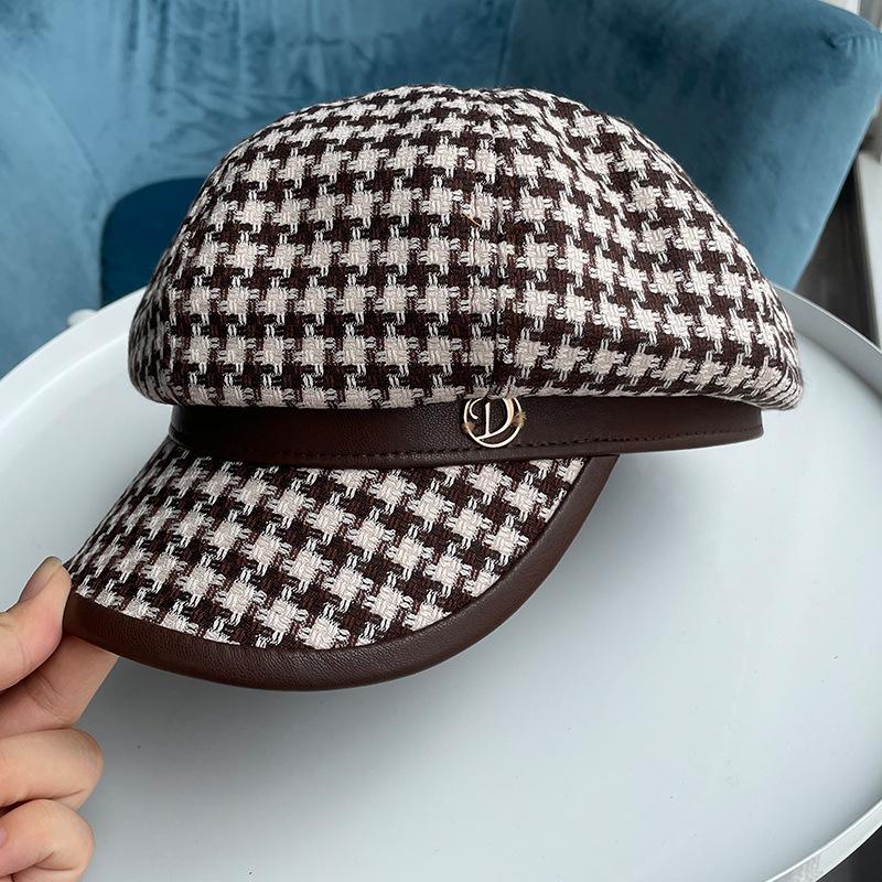 

Весенне-осенняя восьмиугольная шляпа из кожи и клетчатой ткани, детская, с металлической этикеткой, ретро, универсальная, берет, кепка газетчика, тренд adult (56-58cm)