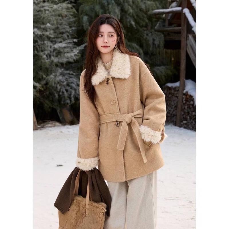Women s Elegant Retro Wool Blend Belted Winter Coat L
