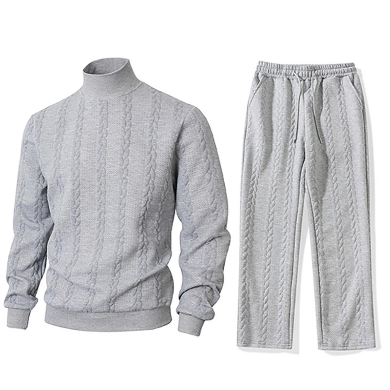 Autumn and Winter Sweater Knitwear Daily Solid Color Men's Fashion Jacquard Turtleneck Warm Top Set