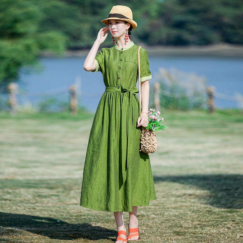 

[Missing Price 399 Yuan] Yingru Yi Yu Ethnic Style High-End Hemp Dress Summer Artistic Long dress 3037 Green S