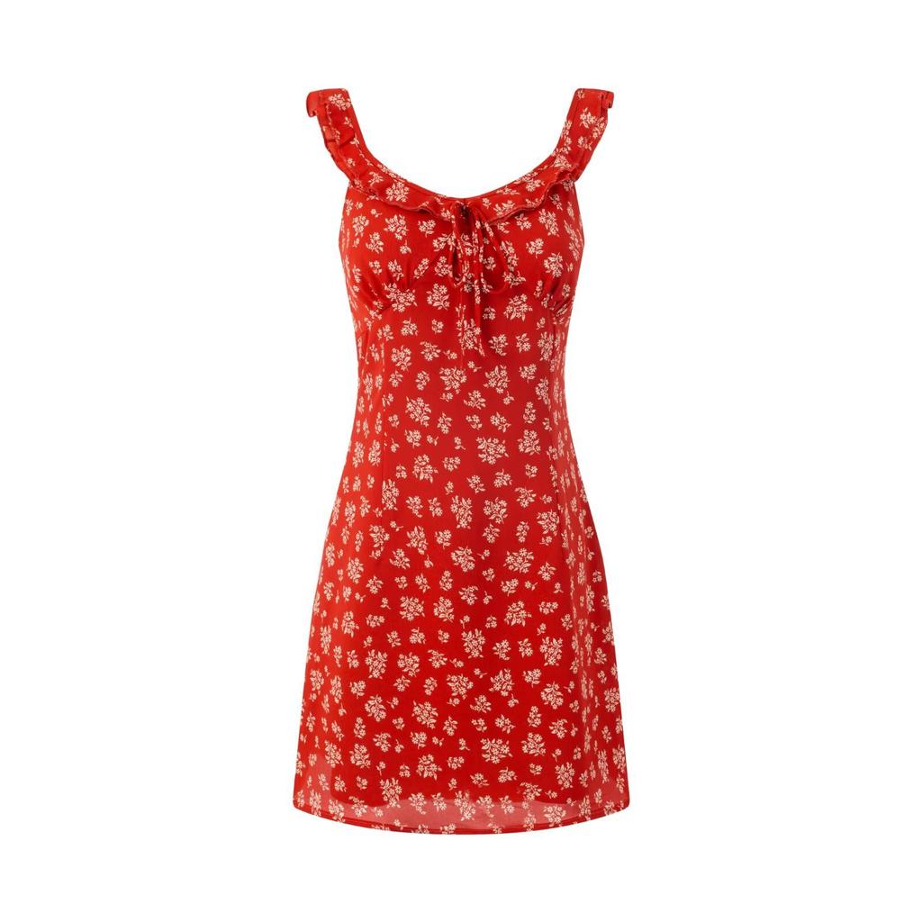 Summer New French Retro Red Floral Suspender Dress Small Man Waist Skinny Short Skirt