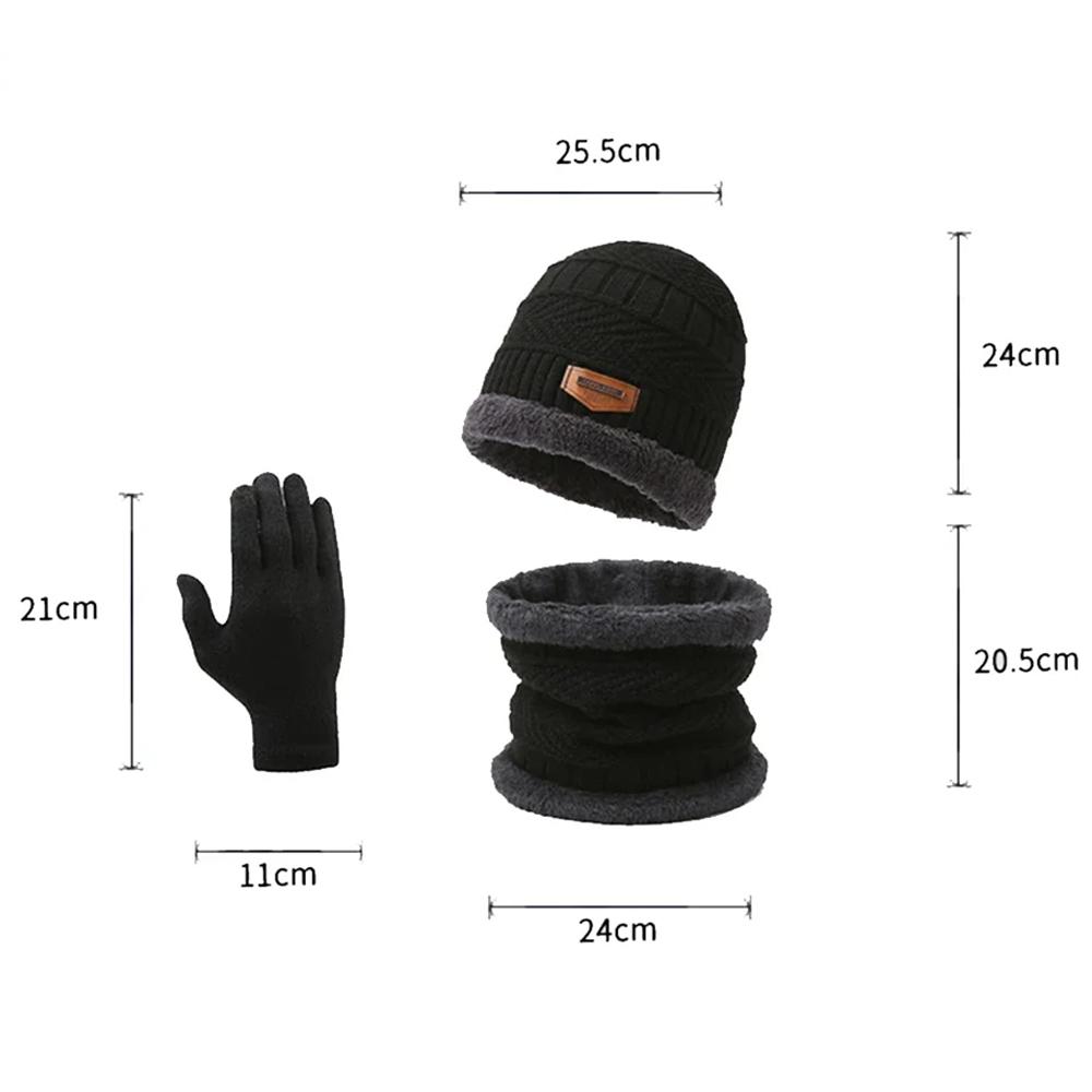 3Pcs Winter Fleece Thicken Windproof Hat Gloves Scarf Set Plush Warm Wool Knit Beanies for Men And Women