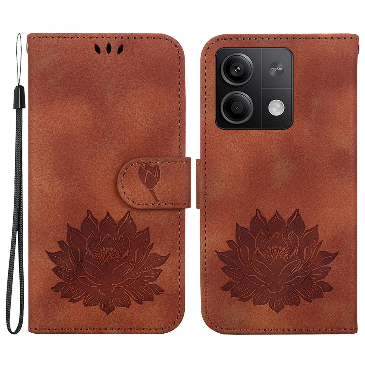

For Xiaomi Redmi Note 13 5G Case Lotus Imprint Leather Wallet Phone Cover Brown