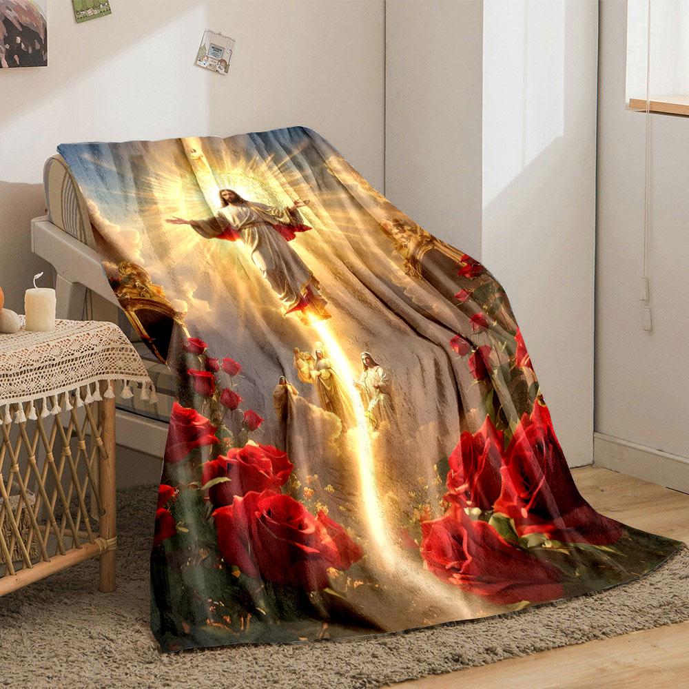 Jesus Roses Halo Blanket  Printed Blanket for Living Room Bed Couch lunch break Soft Cozy Blanket for Friend's festival Gift