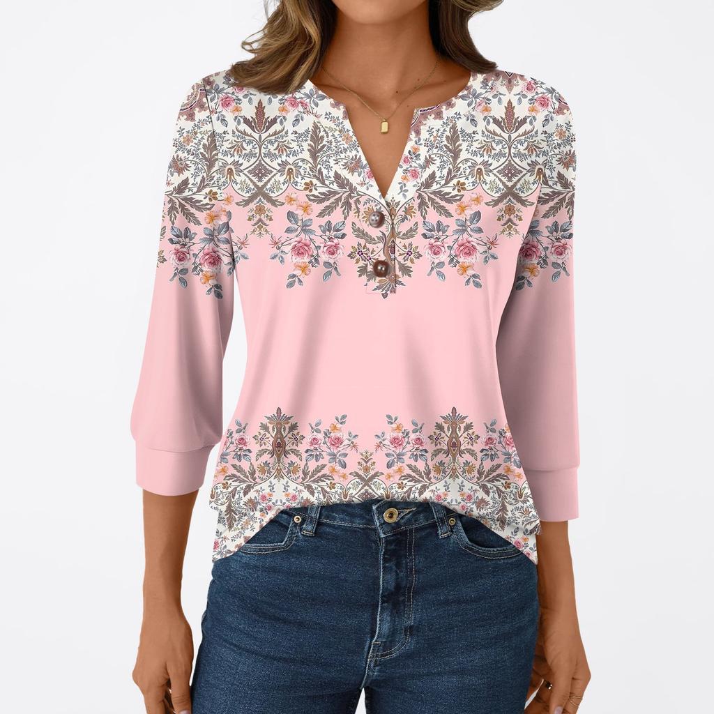 Camiseta Casual de Moda para Mujer Manga 3/4 Estampados Cuello en V Top con Botones