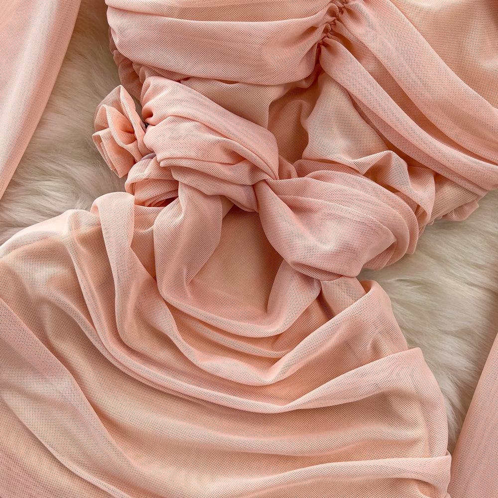 Spring and Autumn Women's Dress Pure Desire Spice Girl Sexy Long Sleeve Square Neck Waist Slimming Mesh See Through Stereoscopic Flower Hip Dress