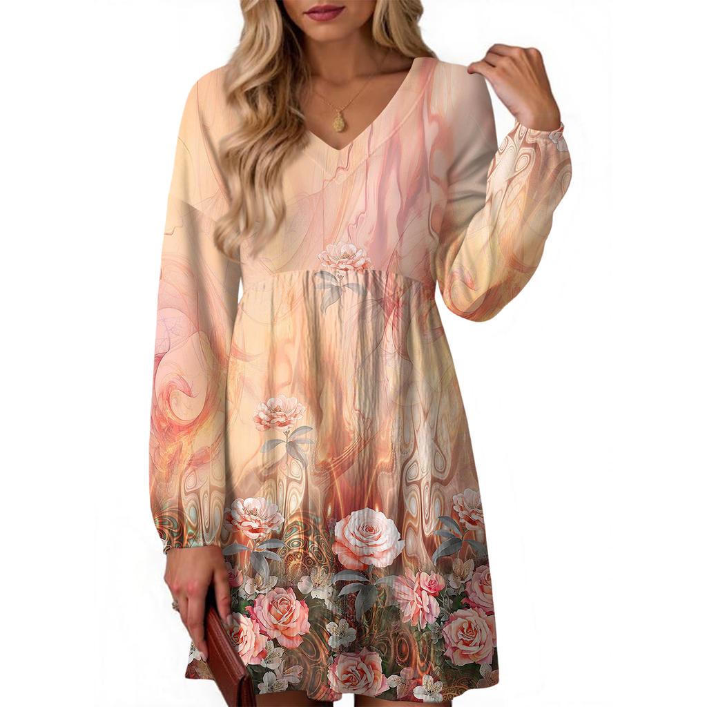 Women's Fashion Floral Print V-Neck Long Sleeve Dress