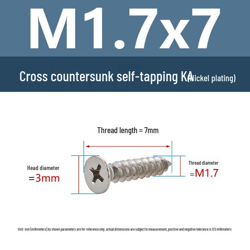 YiguYigu Nickel-Plated Phillips Flat Head Self-Tapping Screws M1-M5, Carbon Steel