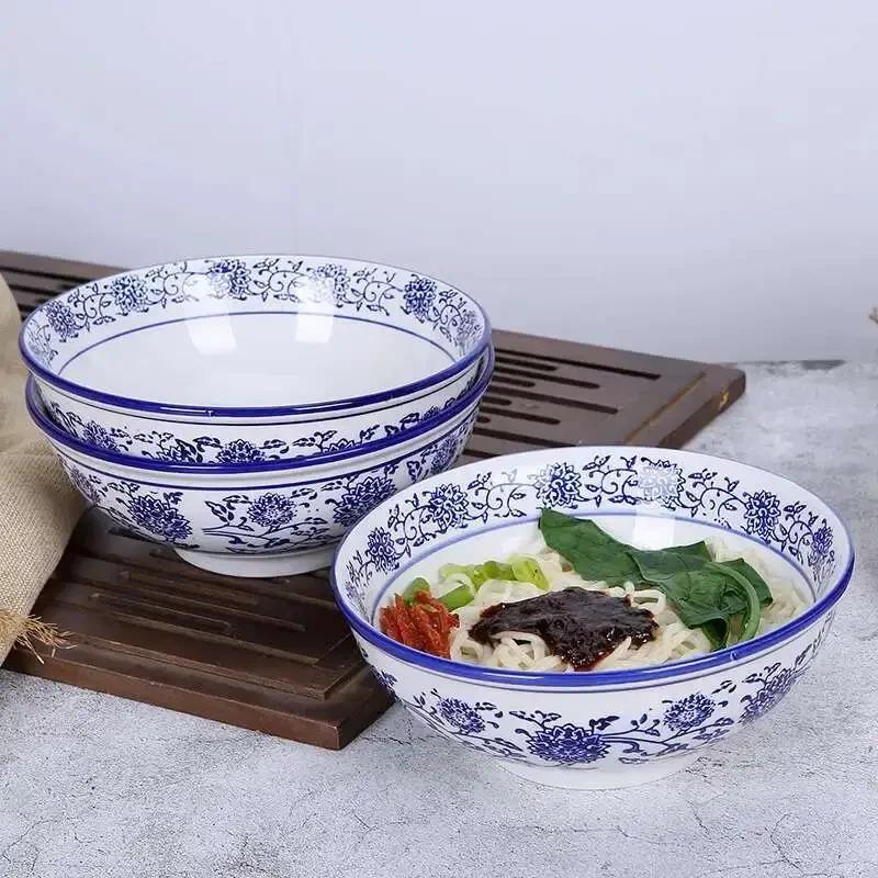 Chinese Blue and White Ceramic Ramen Soup Bowl Porcelain Instant Noodle Home Kitchen Tableware Rice Bowl Underglaze Color Craft