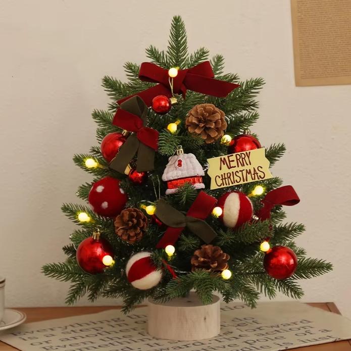 Christmas Tree Christmas Decorations Indoor Arbol De Navidad Con Luces Small Christmas Tree with Lights Warm Wooden Base for Christmas Decor Home
