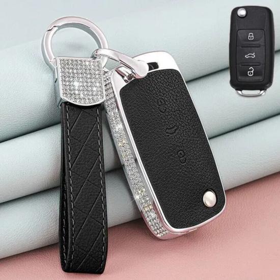 A+ Zinc Alloy Leather Diamond Car Key Case Cover For VW Polo Beetle Passat Jetta