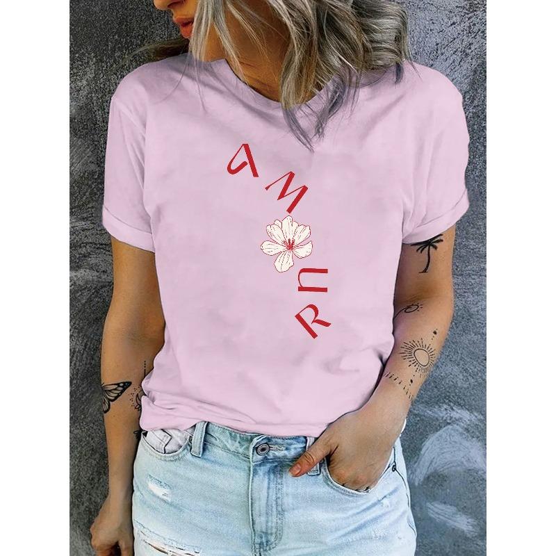 Women'S Casual Round-Neck T-Shirt with Stylish Letter Print for Spring and Summer