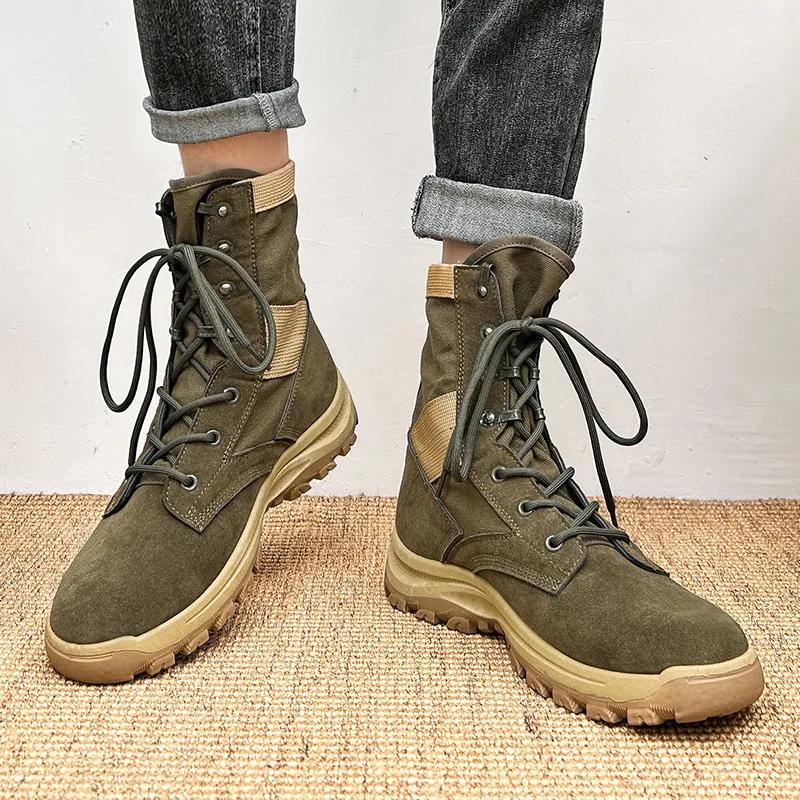 Fashion Outdoor Hiking Boots for Men Winter Ankle Boots Men New Canvas Shoes Lace-up Casual Boots Men Cow Suede High-top Tooling Shoes
