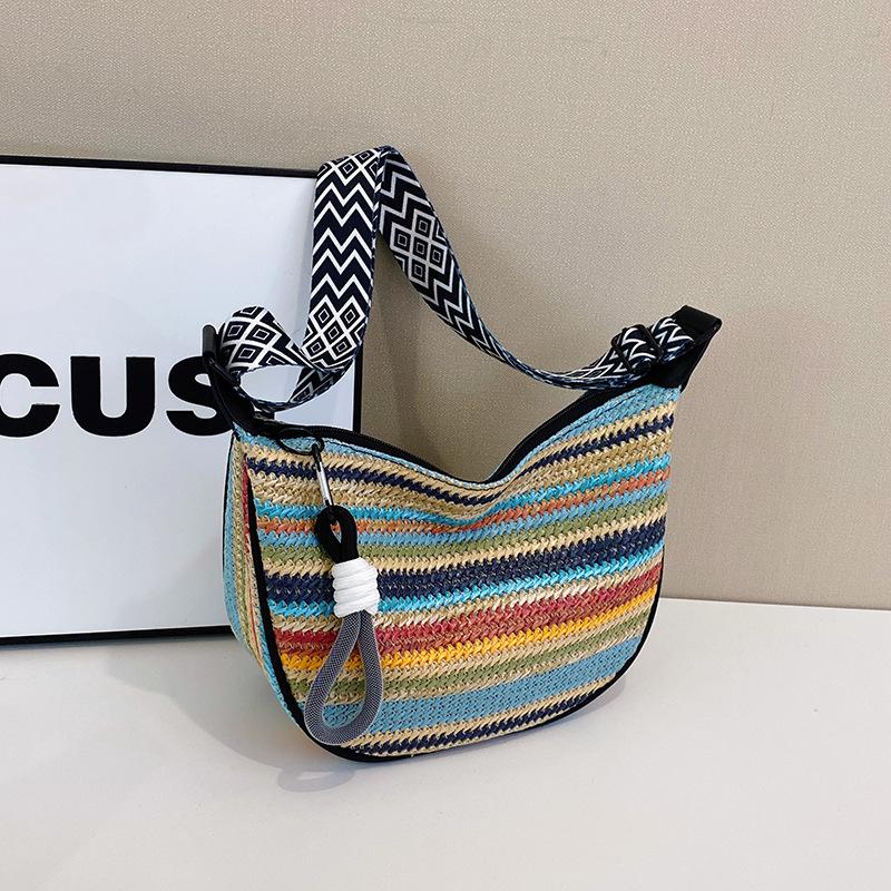 New Rainbow Straw Bag Women's Fashion Underarm Shoulder Bag Versatile Large Capacity Commuter Bag