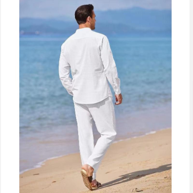 Plus Size Herr Casual Linne Tvådelade Set Europe Style Vintage Basic Toppar och solida byxor Kostym Man Beach Träningsoveraller Set