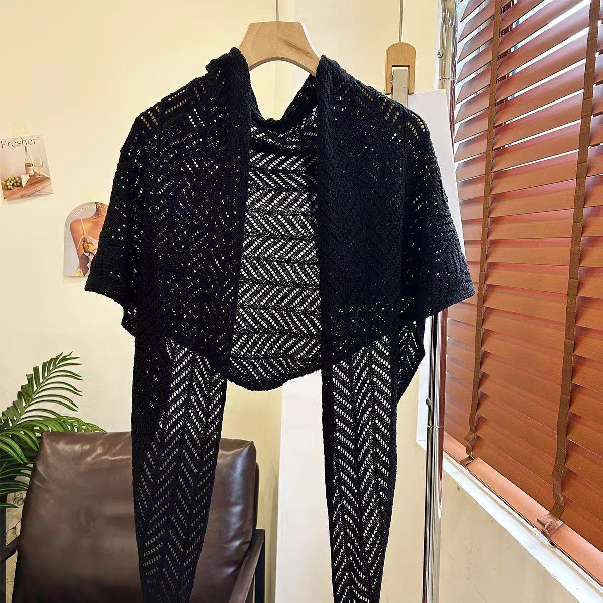 

Вязаная шаль из ледяного шелка женская весенне-летняя ажурная большая треугольная шаль тонкая блузка защита от солнца рубашка для кондиционера шарф шарф чёрный