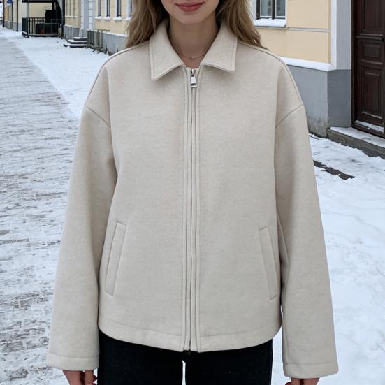 Damjacka i ull med dragkedja, lång ärm, slag, kort erdbönskappa, ledig höst/vår ytterkläder med fickor