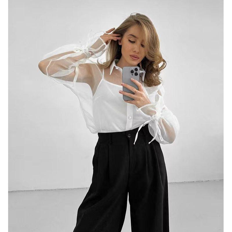 European and American Summer Mesh Sexy Perspective Lapel Drawstring Shirt Mesh Sexy Special Shirt