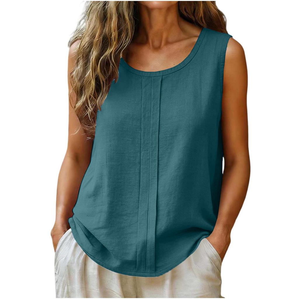 Women Sleeveless Linen Cotton Casual Tank Top Loose Fit Round Neck Lightweight Blouse for Summer Daily Wear