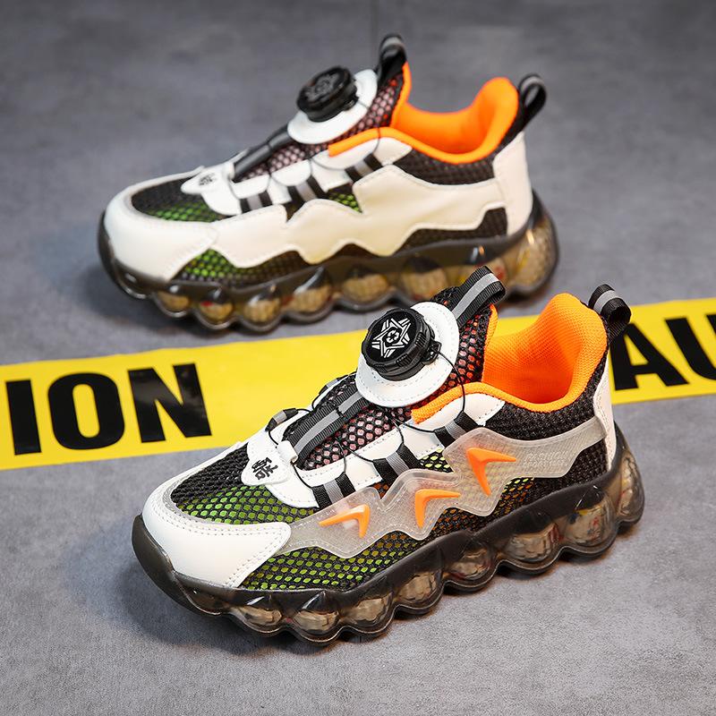 Zapatillas Deportivas para Niños, Botones Giratorios, Zapatos para Niños Grandes, Zapatillas para Correr de Suela Blanda, Zapatillas de Baloncesto de Malla, Zapatos para Niños de Estilo Caliente