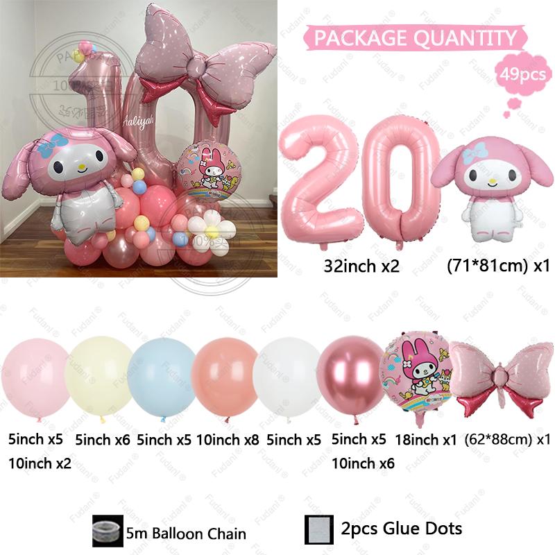 48pcs Cartoon Cute My Melody Bow Theme Foil Balloon 32 Inch Pink Number Set Children's 1-9th Birthday Party Decorative Toys