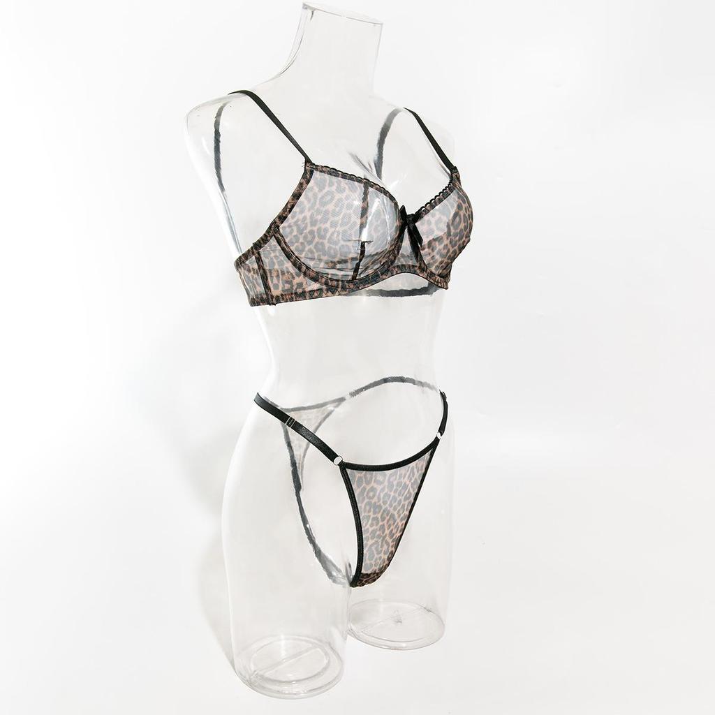 French Leopard Print Mesh Push-up Bra and Panty Lingerie Set