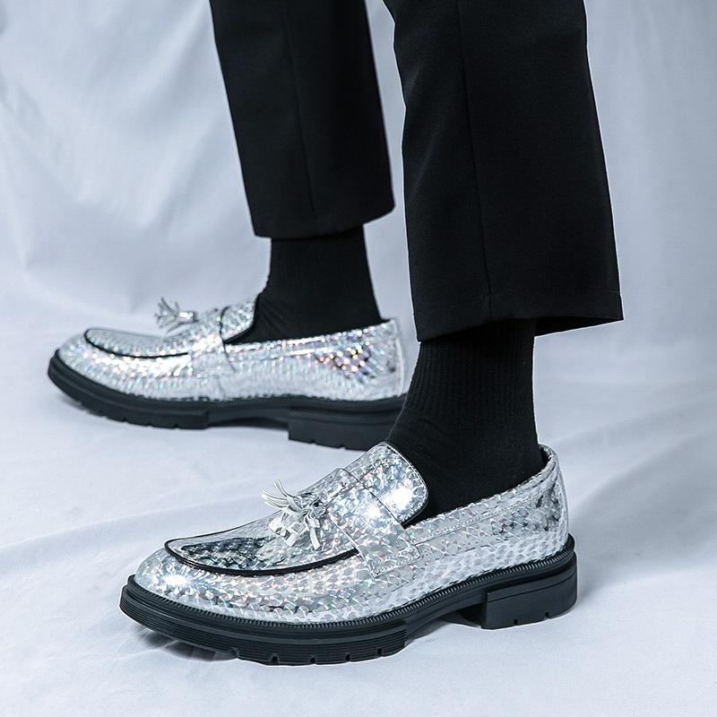 New Fashion Men's Silver Thick-soled Black Platform Shoes Male Slip On Wedding Dress Formal Party Business Footwear