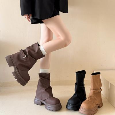 Damen 2026 Neue Britische Stil Herbst und Winter Höhensteigernde Braune Retro Dicksohlige Damenstiefel