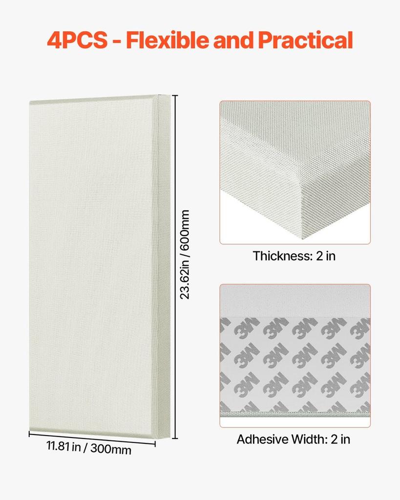 4 PCS Acoustic Wall Panels 2 In Thick 23.6 X 11.8 In Self-adhesive Beige
