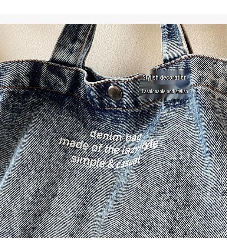 Korean Style Washed Denim Crossbody Tote – Large Capacity with Retro Letter Print (2025 Edition)
