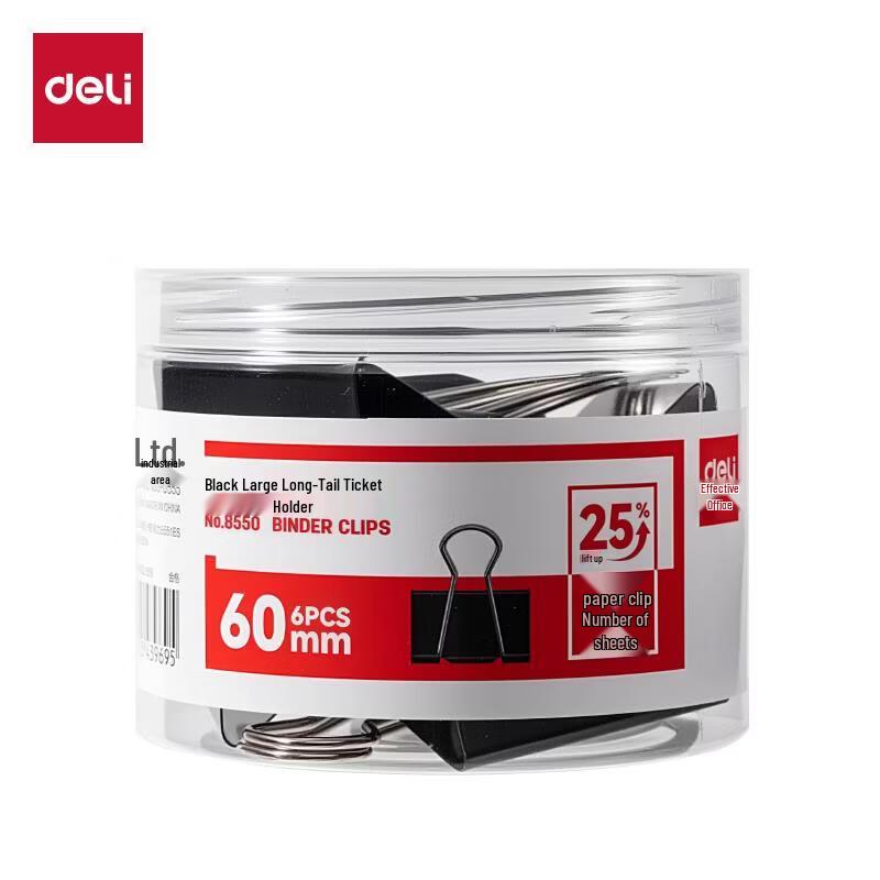 Deli 8550 Large Black 60mm Binder Clips, 6-Pack