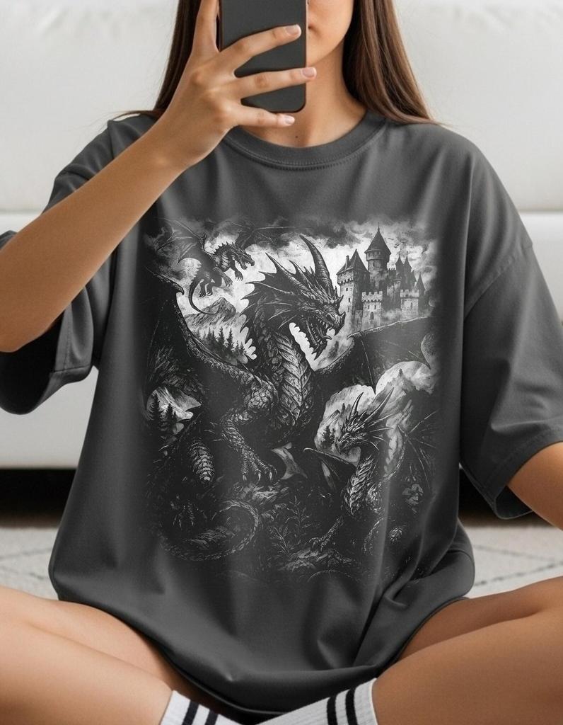 Dark Fantasy Dragon Shirt Comfort Colors® Medieval Castle Dragon Graphic Gothic Mythic Art Unisex T-Shirt