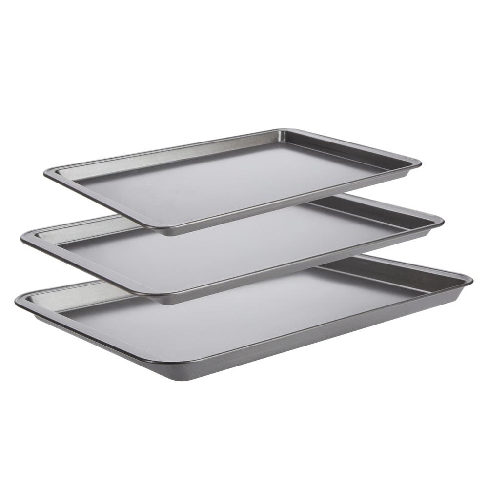 PRO Nonstick 3pc Baking Sheet Set Heavy Duty Carbon Steel Scratch Resistant Cookie Pans Easy Clean Non Toxic Oven Safe Baking
