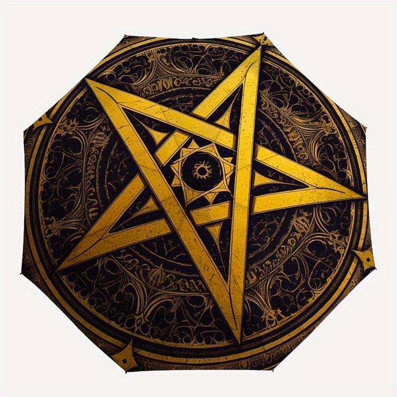 Golden Pentagram Symbol Tapestry Wall Hanging Decor Umbrella, Cute Umbrella with Cute Design, Portable 3-Fold Compact Umbrella for Men & Women, Valent