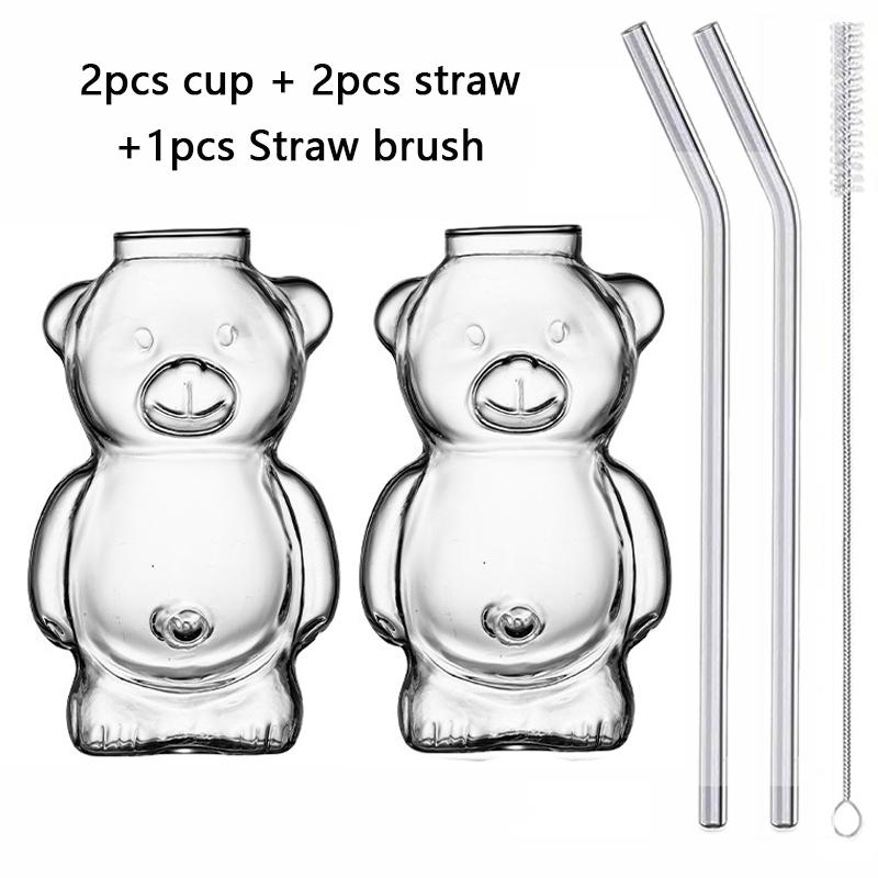 

Мультяшная стеклянная чашка в форме медведя с соломинкой 300 мл прозрачная чашка для сока, коктейля, ресторан, дом, чашка для кофе, молока 1/2 шт.