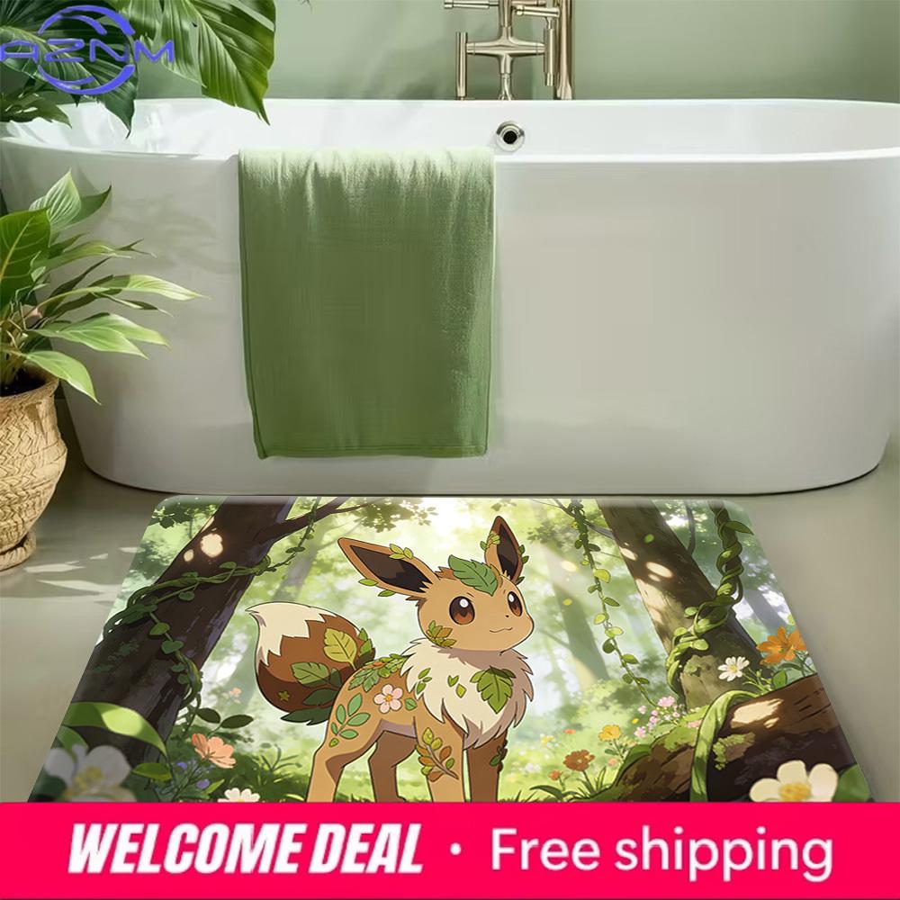 Cute Eevee with Leaves and Flowers in Sunlit Forest Print Non-slip Doormat, Soft Absorbent Floor Rug for Home Decor
