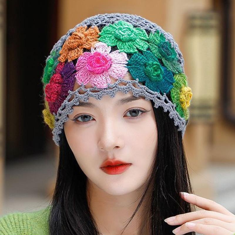 Cotton Crochet Brimless Hat With HollowOut Flower Design Summer Vacation Casual Skull Cap For Women Everyday Wear
