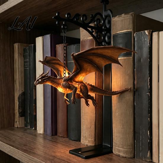 Fantasy-Literatur Fan Geschenk Drachen Bücherregal Lampe Retro Fliegendes Licht Mittelalterlicher Stil Tischdekoration Kreatives Buchstützenlicht für Bibliothek Lesen