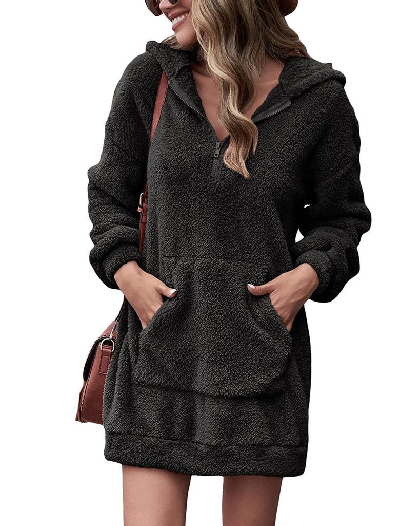 Damen Samt Kapuzenmantel Doppelseitig Plüschtaschen Locker Winter Warm Pulloverjacke Herbst Winter Kleidung