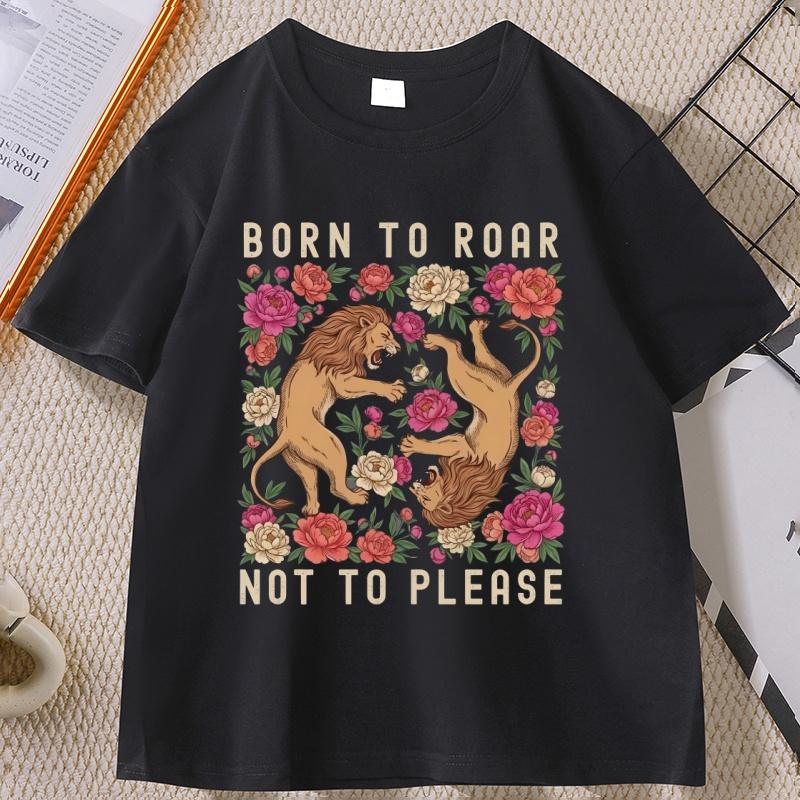 

Born To Roar Not To Please T-Shirt Feminist Lion Graphic Tee Retro Floral Lion T Shirt Men Women Short Sleeve Tshirt Tops - M... S разноцветный