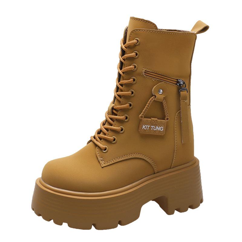 

New 2025 Autumn Platform Mid-calf Boots Women Thick Sole Winter Leather Punk Shoes Chunky Motorcycle Boots Woman 34(Foot 22cm) жовтий