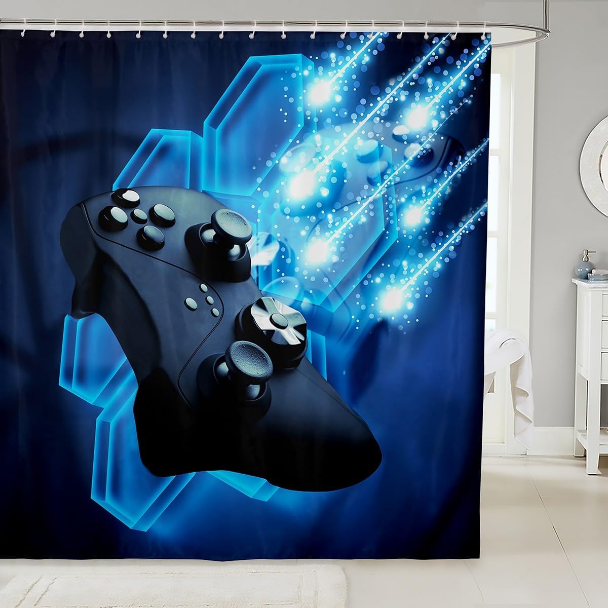 Outer Space Rocket Shower Curtain Galaxy Bath Curtain for Kids Boys Girl Cartoon Bathroom Accessories Universe Starry Sky 90x180CM