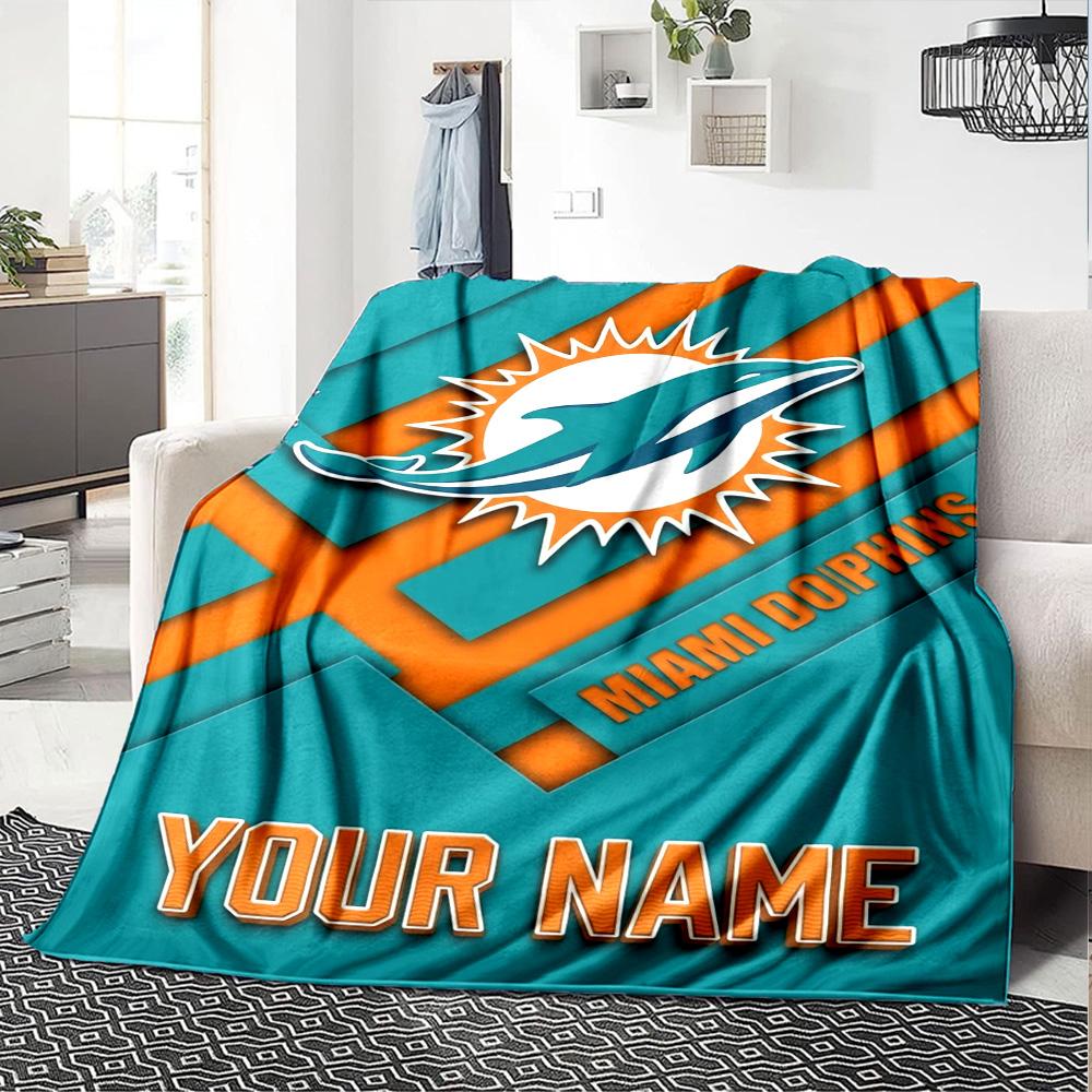 Name Custom Miami Dolphins Logos Print Flannel Blanket High Quality Warm Comfortable Cover for All Seasons Perfect for Gifts Home Decor