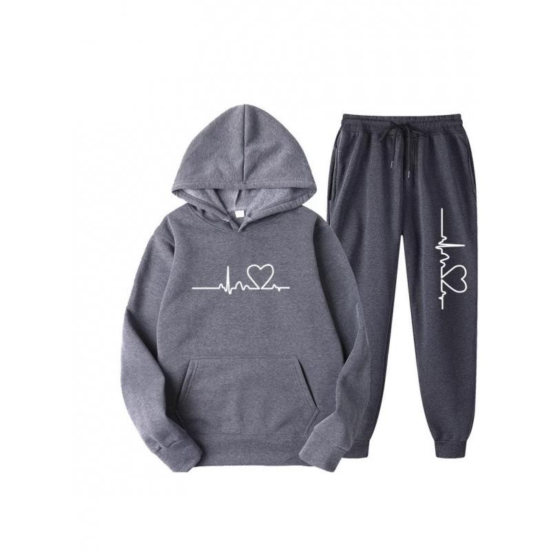 Unisex Heart Pattern Velvet Hoodie Set for Autumn/Winter