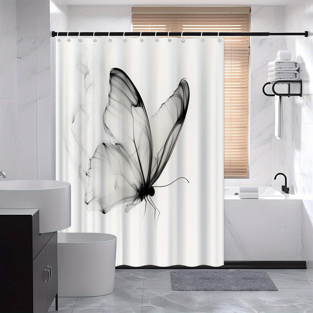 1 piece of elegant butterfly shower curtain, machine washable polyester fabric, with hooks, stylish transparent design