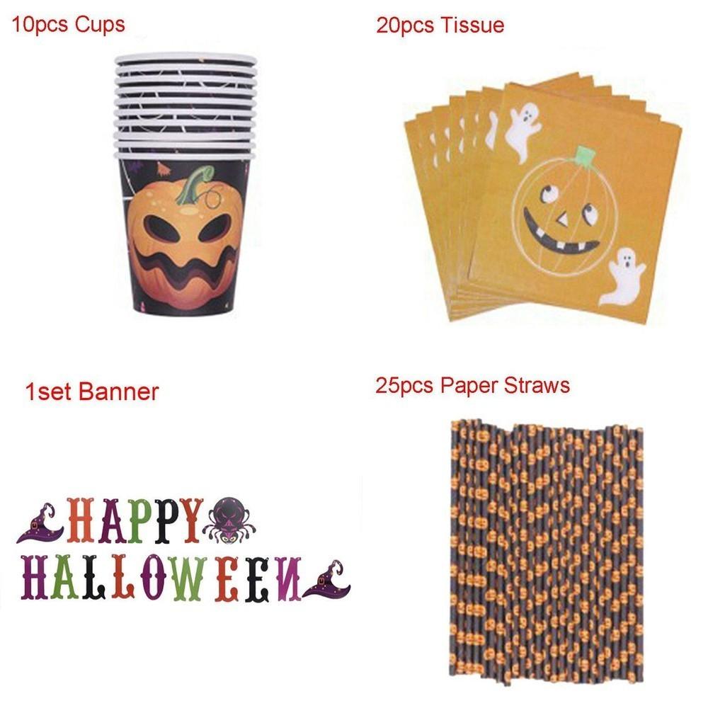 Halloween Party Decoration Supplies Including Pumpkin Tablecover And Straws**