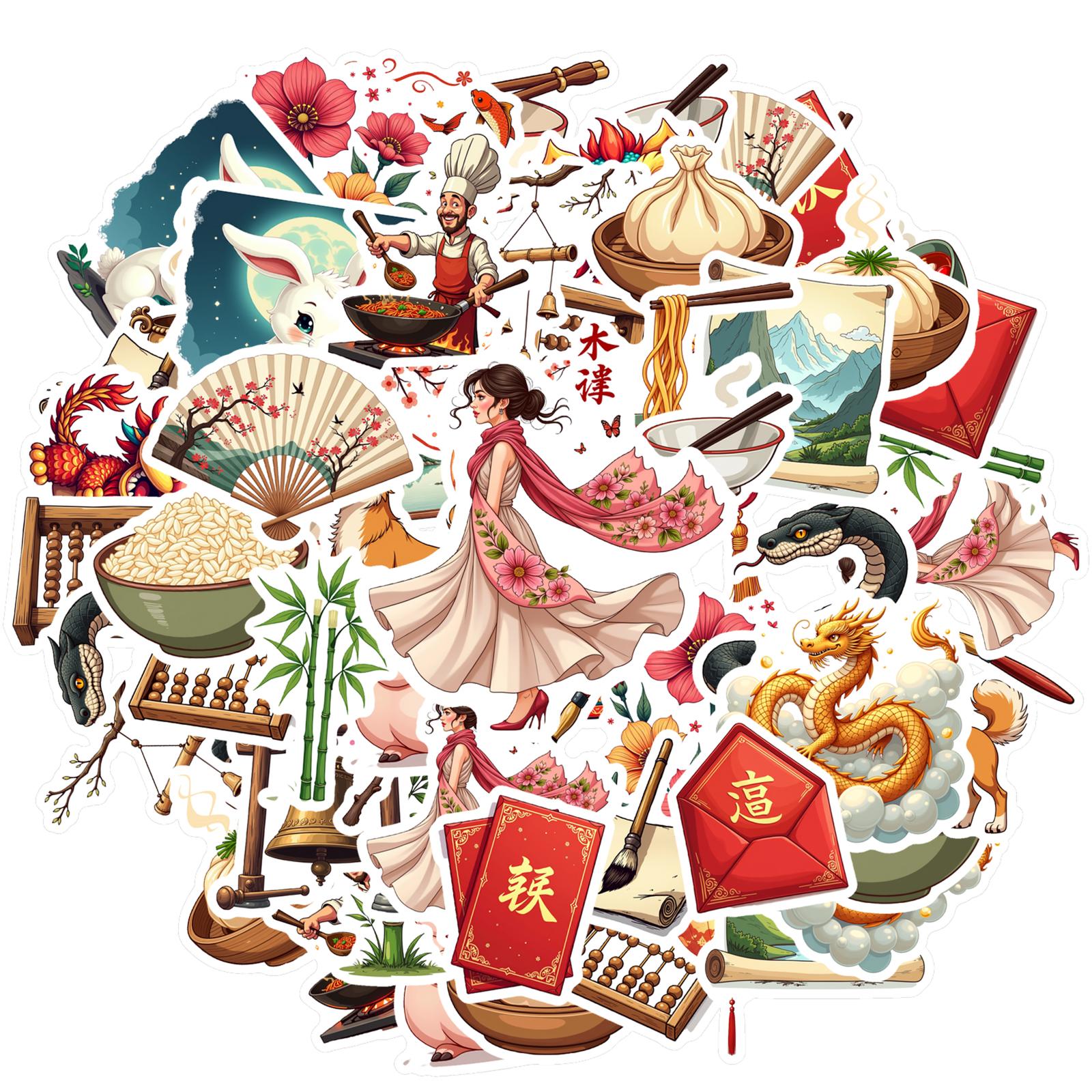 

35pcs-70pcs Cartoon Chinese Culture Stickers Traditional Festive Elements Stickers Funny Stickers For Car Sticker
